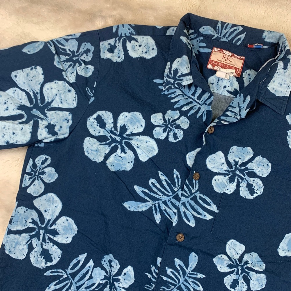 RJC Hawaiian Shirt Mens Large Blue White‎ Hibiscus Floral Cotton Made in Hawaii